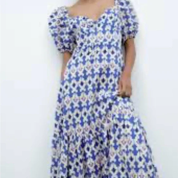 Zara Moroccan tile printed blue dress with balloon sleeves -XL - Picture 7 of 7
